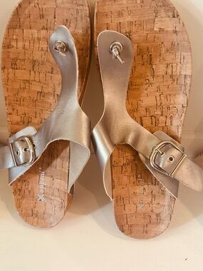 Metallic Silver Cork Footbed Sandals with Buckle
